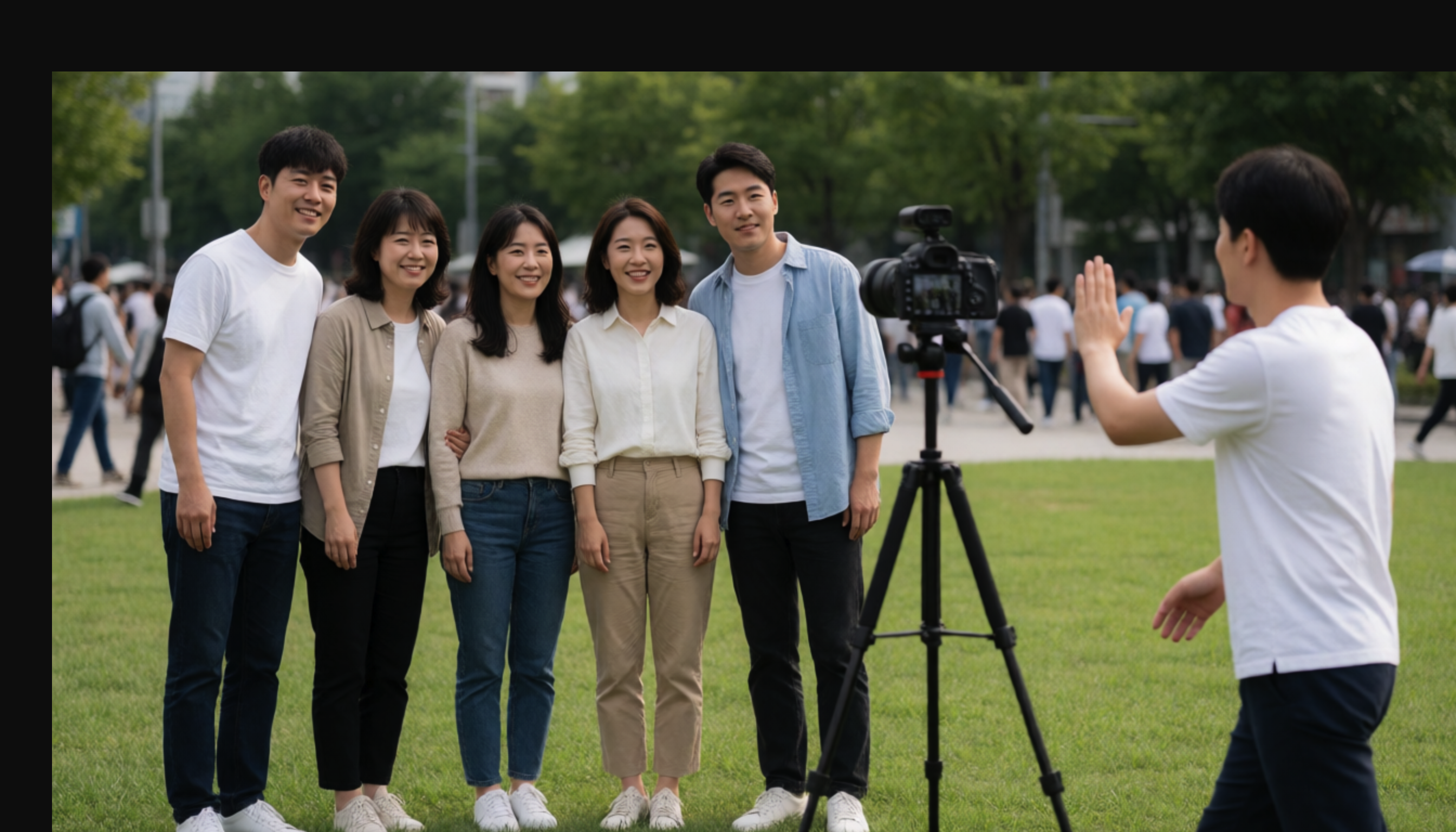 거리에서 휴대전화를 보는 세 사람 옆에서 한 사람이 손바닥을 든 모습