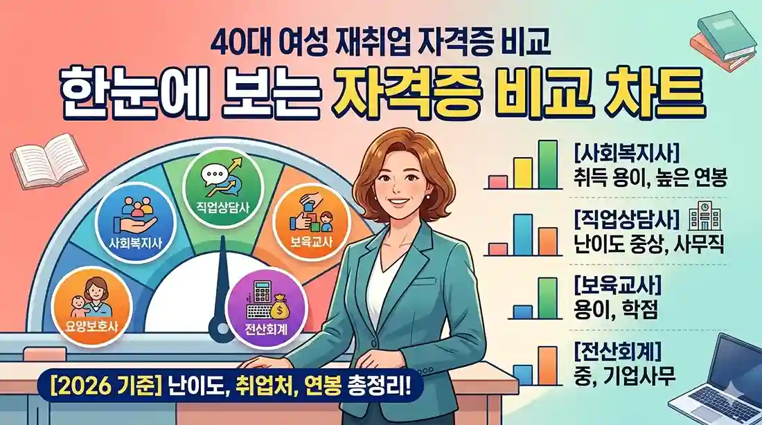 40대 여성 재취업 유망 자격증 5종(사회복지사, 직업상담사, 보육교사, 요양보호사, 전산회계)의 취득 난이도, 주요 취업처, 2026년 예상 연봉 범위를 한눈에 비교하는 인포그래픽