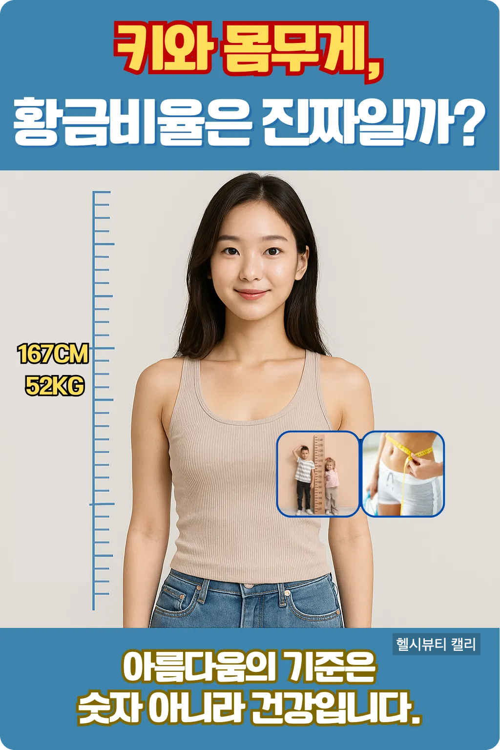 키와 몸무게 황금비율 인포그래픽, 여성 모델과 건강 메시지 포함