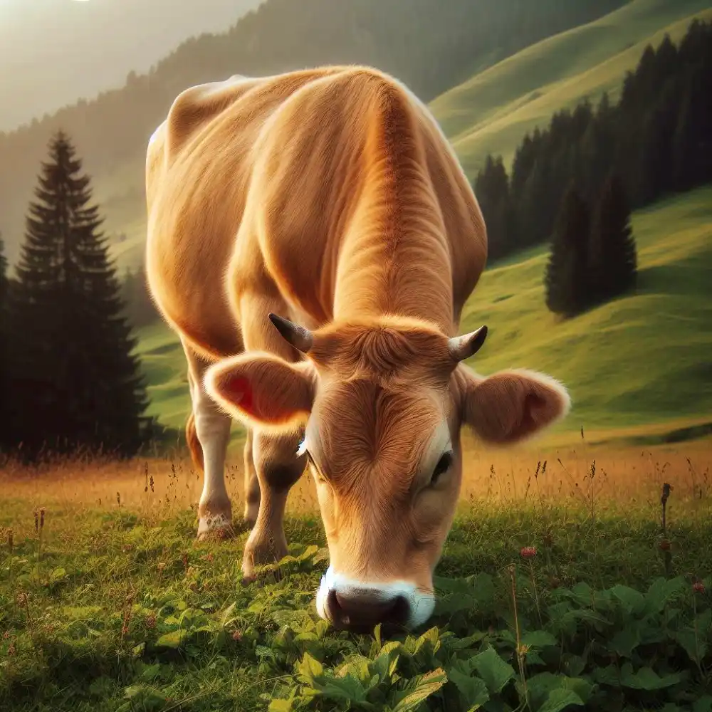 풀을 먹고 있는 누렇고 튼튼한 황소