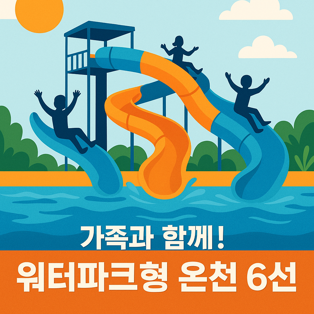 여름 햇살 아래 워터슬라이드를 타는 세 실루엣 캐릭터와 함께 '가족과 함께! 워터파크형 온천 6선'이라는 문구가 적힌 일러스트 이미지