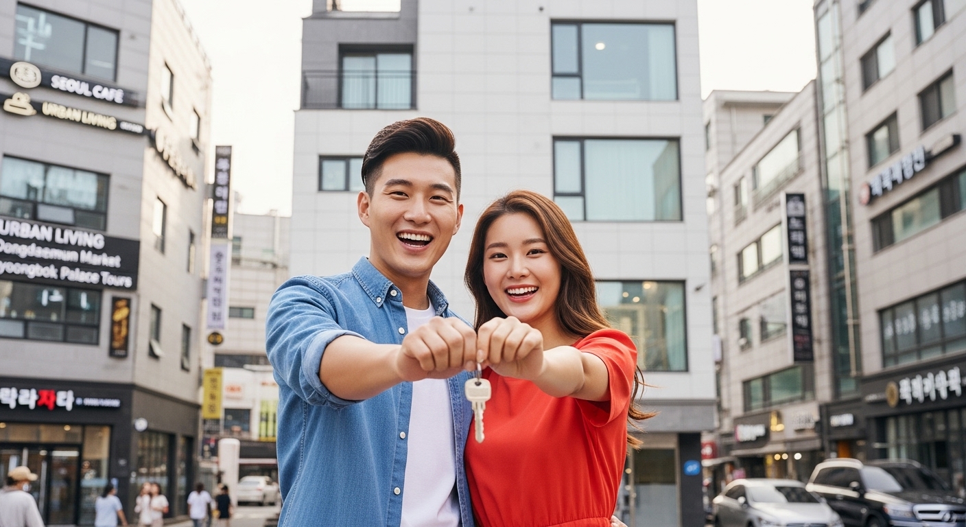 내집을 마련한 후 키를 들고 행복해 하는 부부