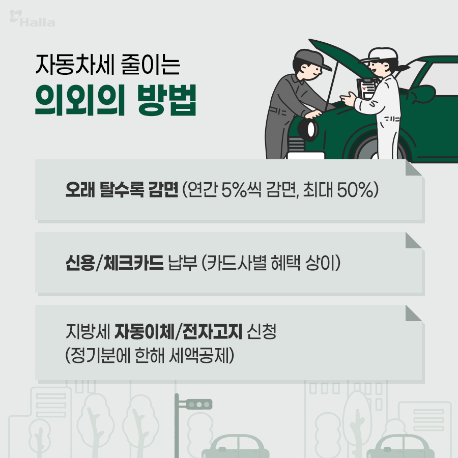 자동차세 줄이는 의외의 방법
1. 오래 탈수록 감면 (연간 5%씩 감면, 최대 50%) 
2. 신용/체크카드 납부(카드사별 혜택 상이)
3. 지방세 자동이체/전자고지 신청 (정기분에 한해 세액공제)
