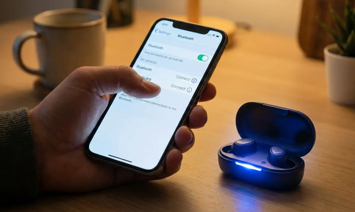스마트폰 화면에서 블루투스 이어폰 페어링 버튼을 누르는 모습과 페어링 모드로 진입한 이어폰 케이스