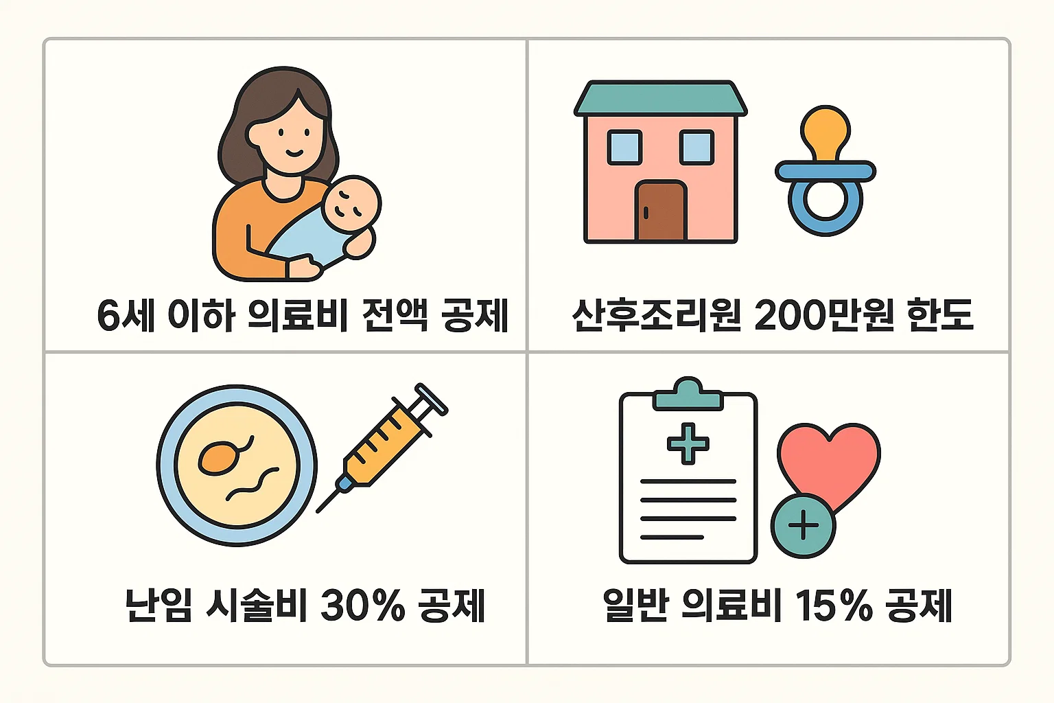 6세 이하 의료비 전액공제, 산후조리원 한도, 난임 시술비 공제율 등 2025년 의료비 세액공제의 주요 개정사항을 정리한 인포그래픽