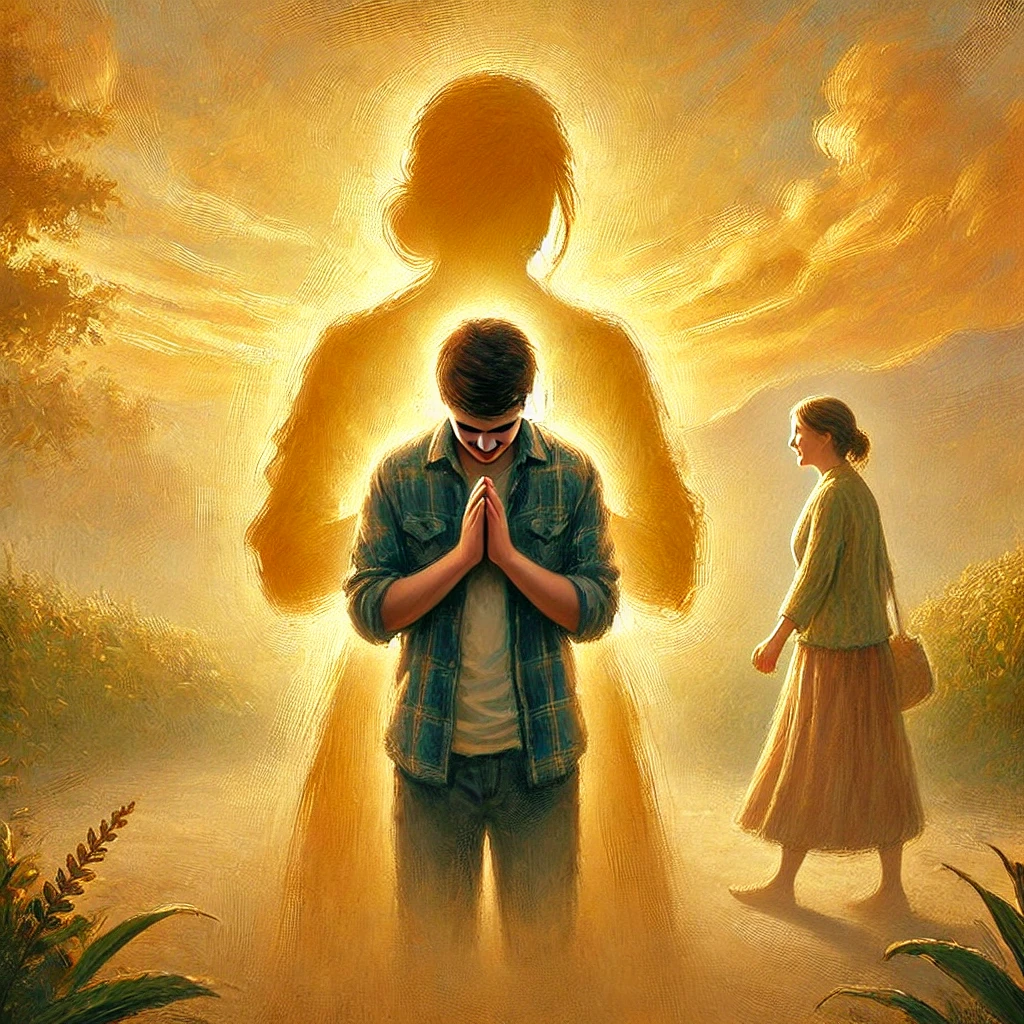 이미지는 창세기 5장 2절을 묵상하며, 사람을 만난 후 이름을 묻는 것뿐만 아니라 축복을 기도하는 모습을 표현한 것입니다. 따뜻한 황금빛 하늘 아래, 조용히 손을 모아 기도하는 모습이 하나님의 마음을 닮아가는 과정과 은혜로운 순간을 담아내고 있습니다. 🙏✨