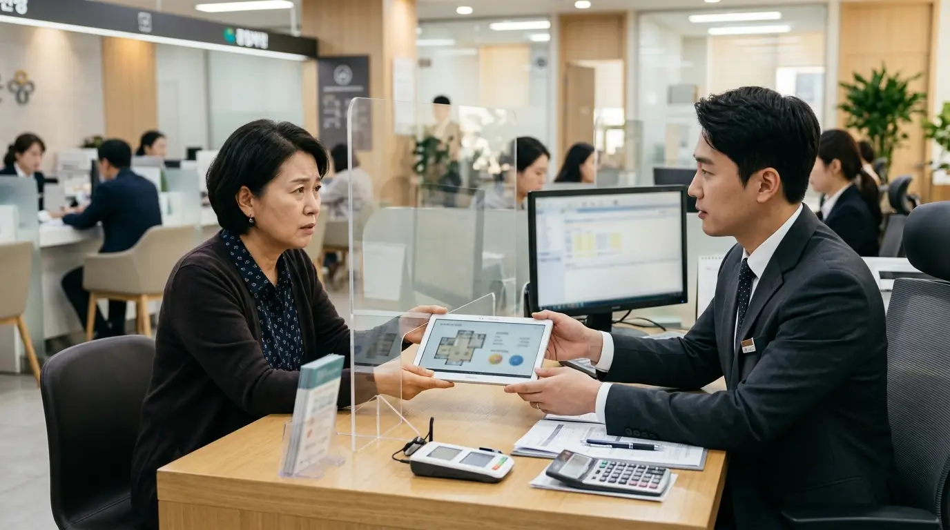 밝고 정돈된 캐피탈 대출 상담 창구에서 수수한 옷차림의 50대 여성이 대출 상담원에게 본인 소유의 아파트 정보가 담긴 태블릿을 건네며 진지하게 대면 상담을 받는 모습