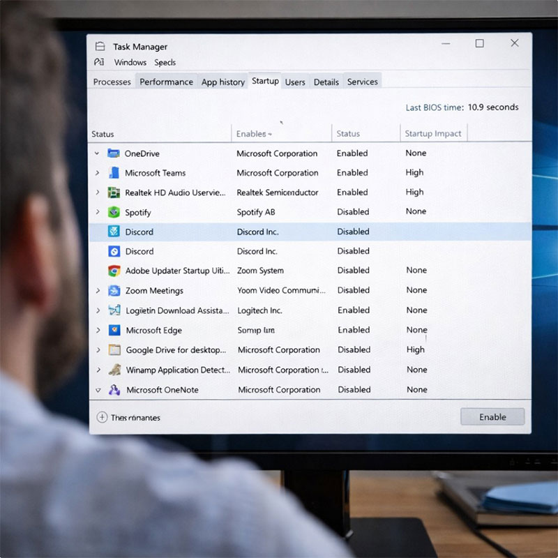 윈도우 작업 관리자 시작 프로그램 목록을 확인하는 컴퓨터 화면
