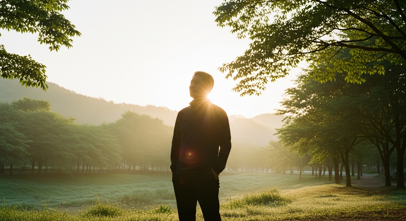자연공원-풍경-속에-서-있는-중년-한국인-남성의-따듯하고-고요한-실루엣입니다.