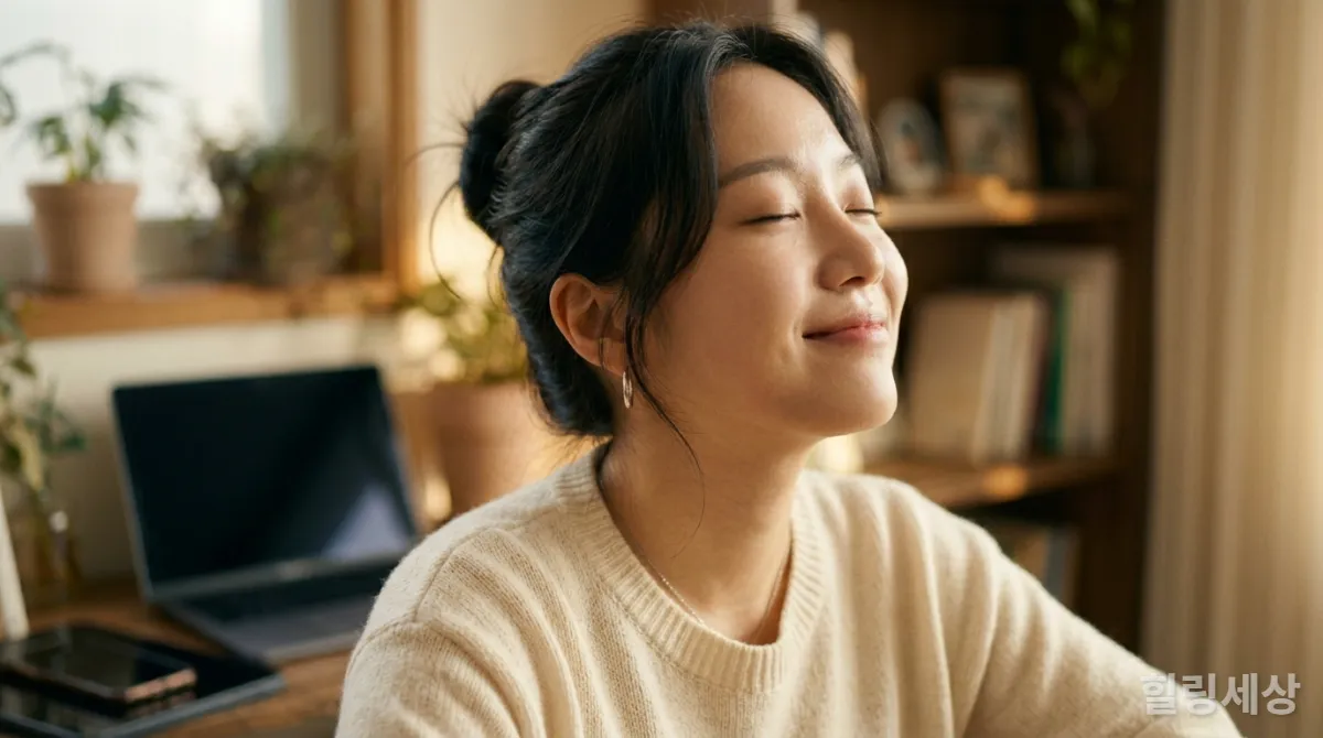 디지털 기기에서 벗어나 편안함을 느끼는 한국 여성의 모습