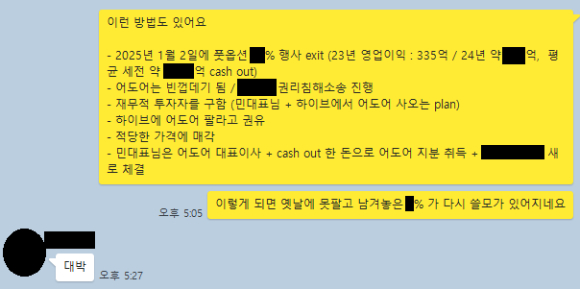 어도어 경영진들의 채팅방 대화 캡처본. [사진=하이브]