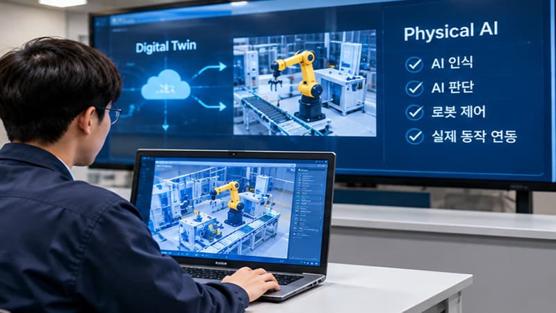 <img src=”physical-ai-digital-twin-robot-training.jpg” alt=”디지털 트윈 가상환경에서 로봇의 작업을 검증하고 피지컬 AI 기술을 학습하는 교육 장면”>
