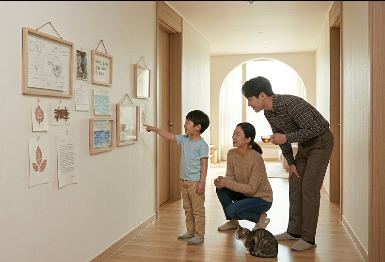 아틀리에 벽면에 소박하게 액자와 종이를 걸고 감상하며 대화하는 가족
