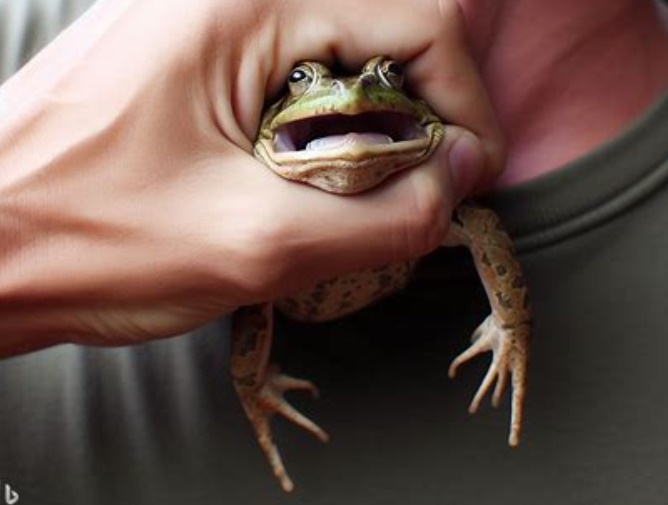 사람의 목구멍에 걸린 개구리의 모습