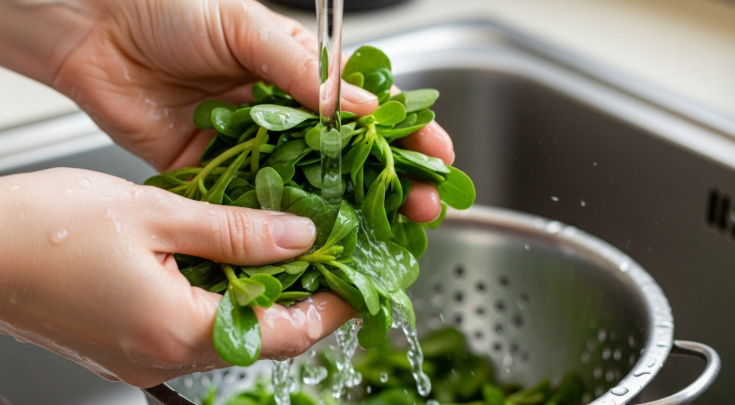 흐르는 찬물에 돌나물을 담아 손으로 살살 흔들며 씻어 체에 밭치는 모습