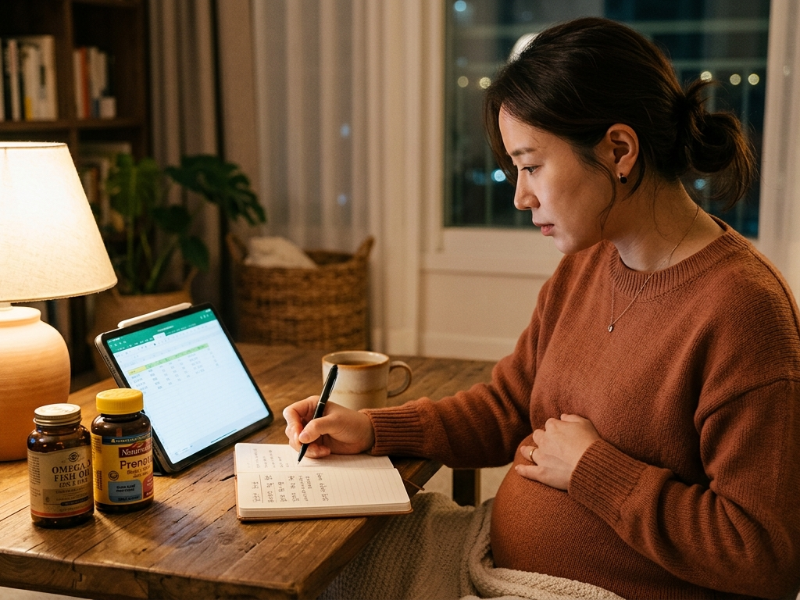 태블릿 PC로 임산부 오메가3 성분표를 꼼꼼히 비교하며 공부하는 예비맘