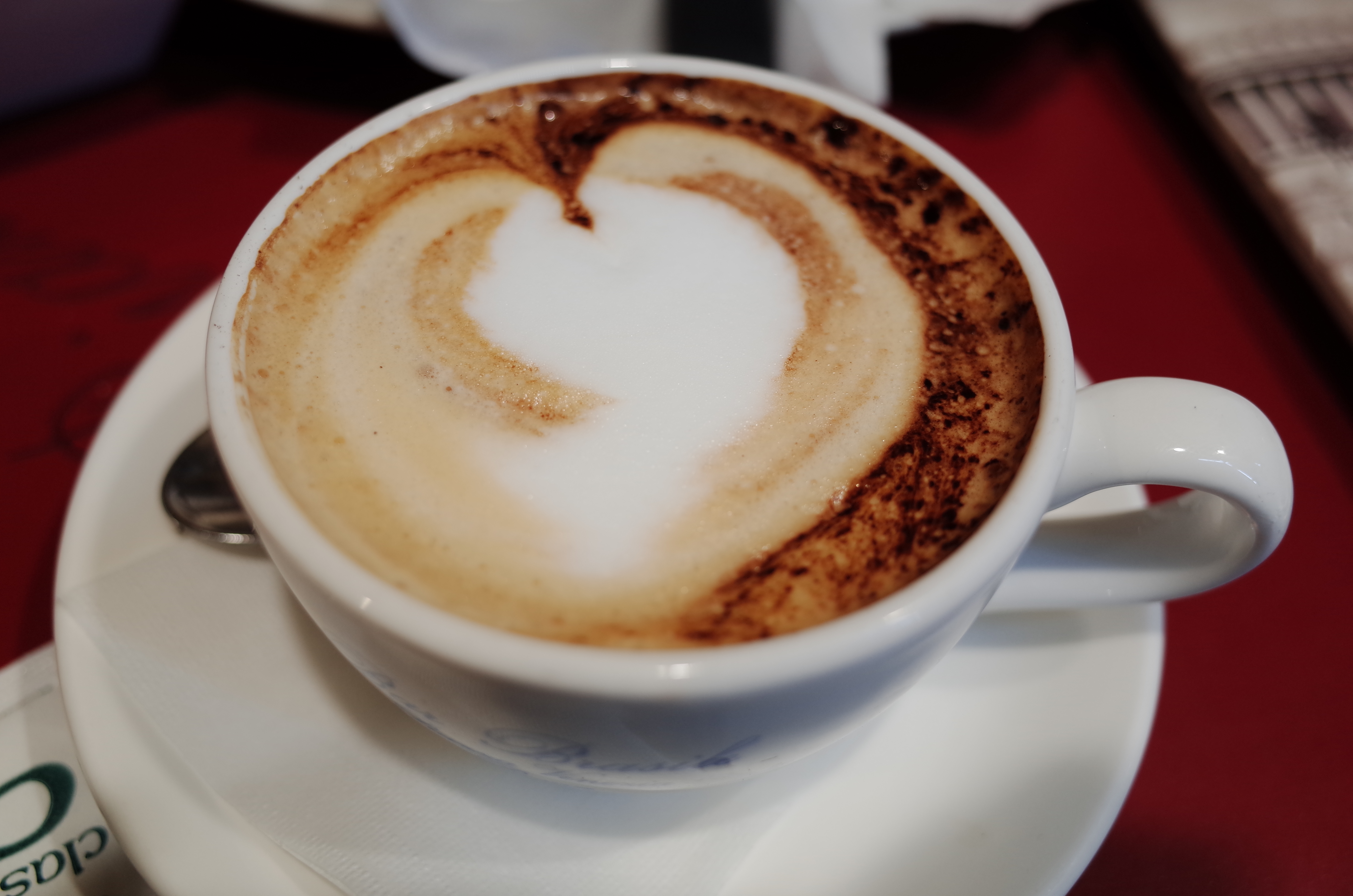 하얀 잔에 담긴 부드러운 우유 거품과 진한 크레마가 특징인 이탈리아 카푸치노