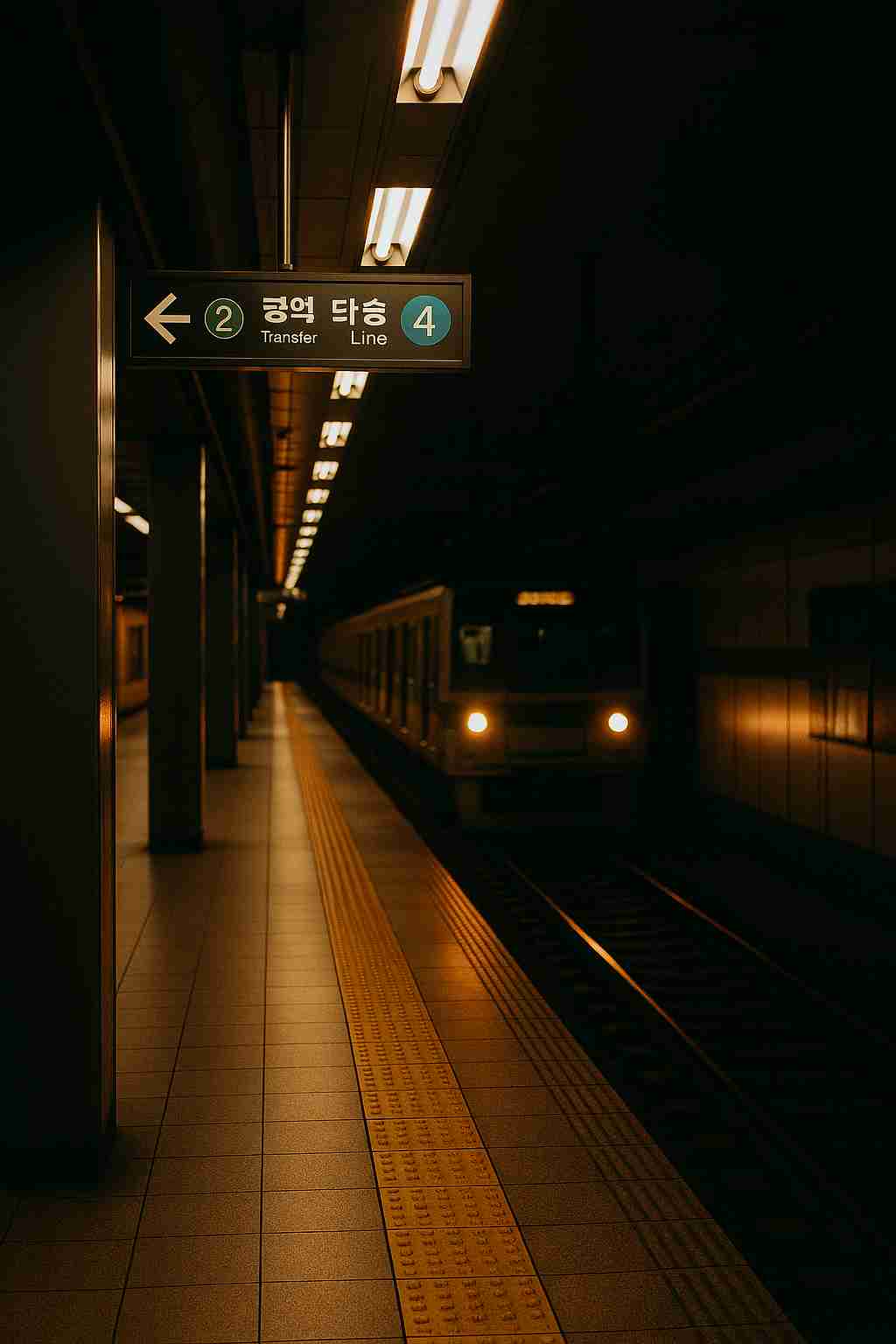 어두운 조명의 서울 지하철 플랫폼에 열차가 들어오고 있으며, 천장에는 ‘2호선·4호선 환승’ 표지판이 걸려 있고, 바닥엔 노란 점자 블록이 승강장을 따라 이어진 모습.