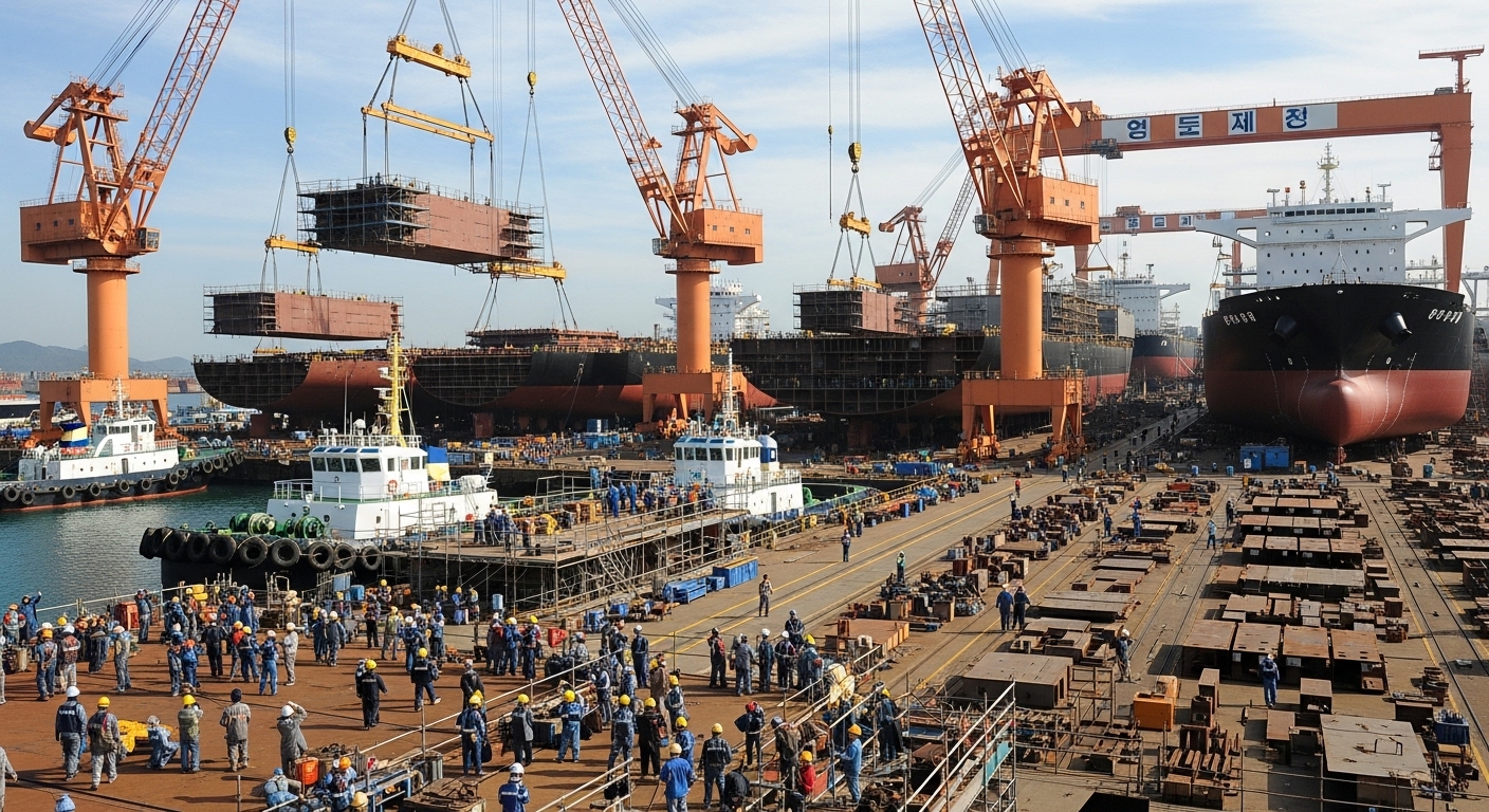 첨단 기술과 효율적인 작업이 이루어지는 현대적인 한국 대형 조선소 전경.