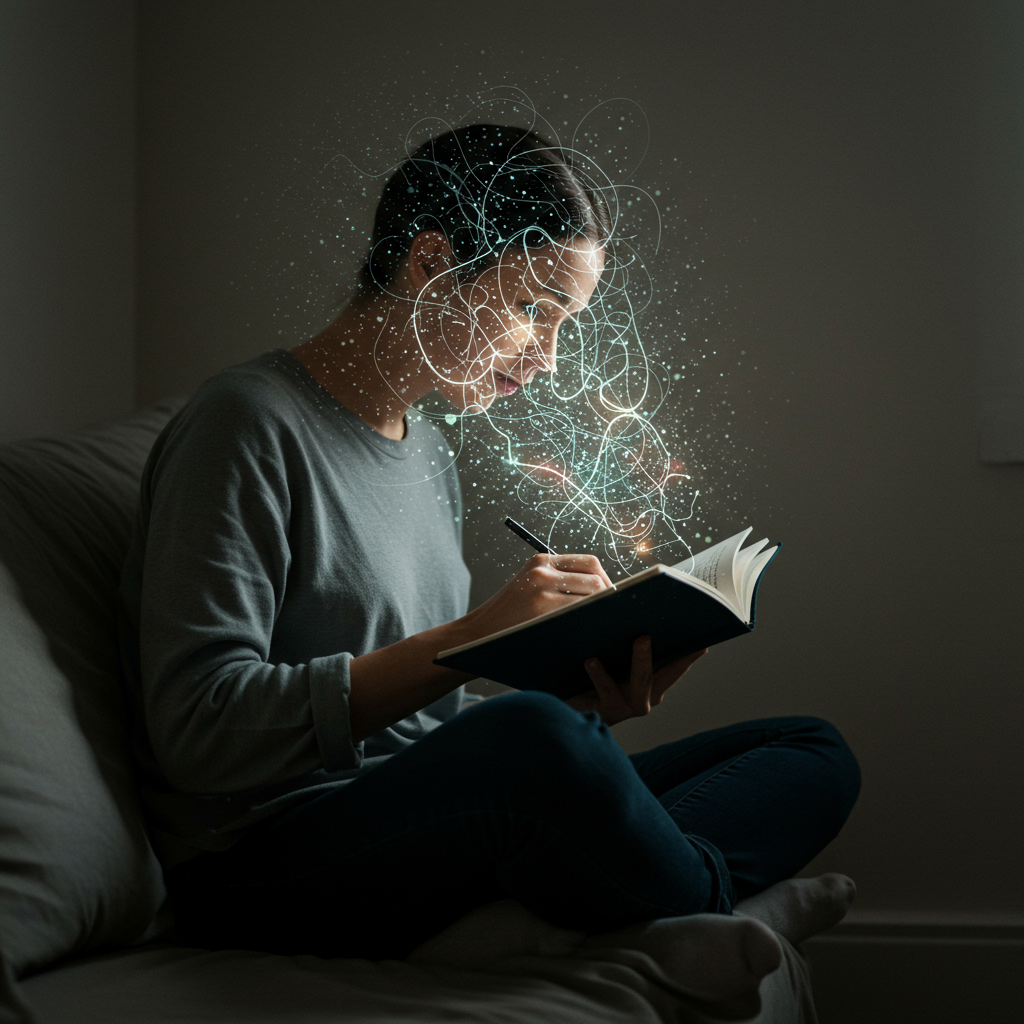 밤에 노트에 글을 쓰며 내면의 생각을 빛으로 표현하는 사람, 자기 성찰과 통찰을 상징