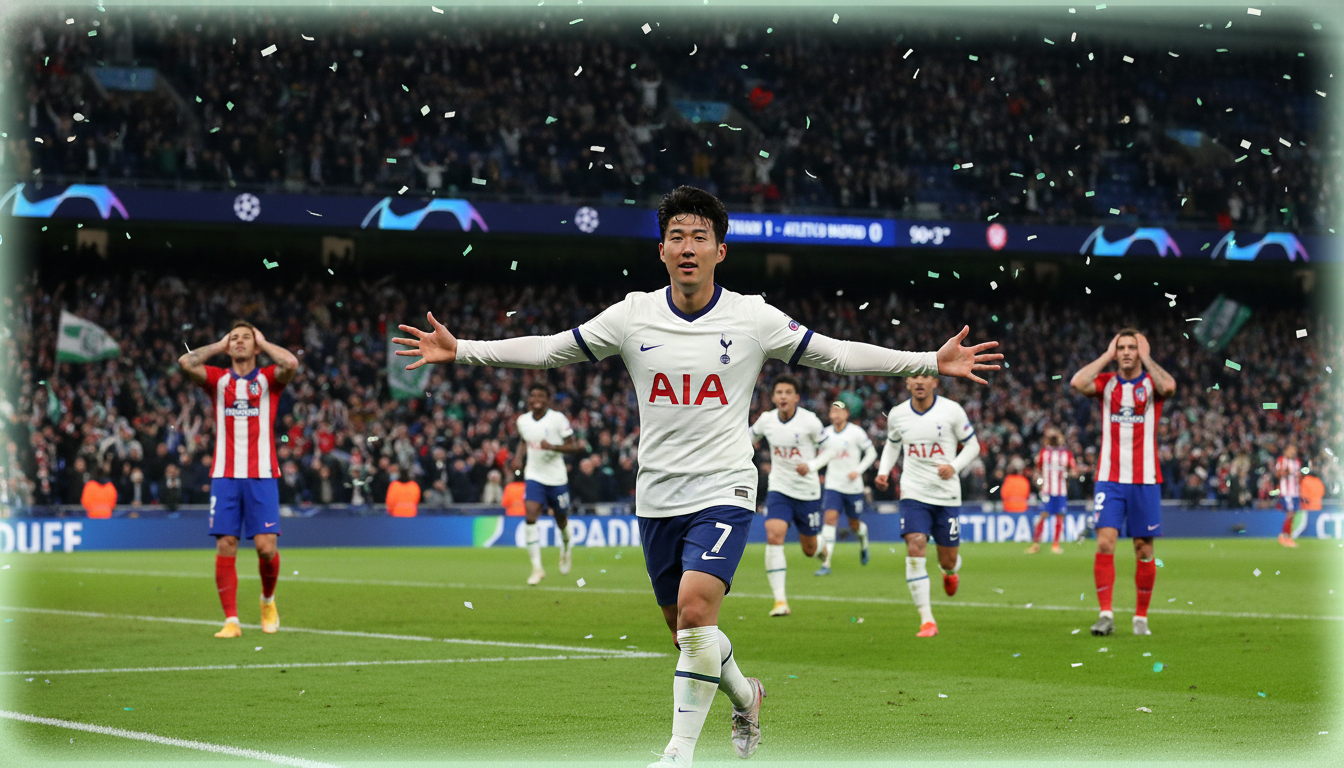 손흥민 선수가 챔피언스리그 경기에서 골을 넣고 환호하는 역동적인 모습