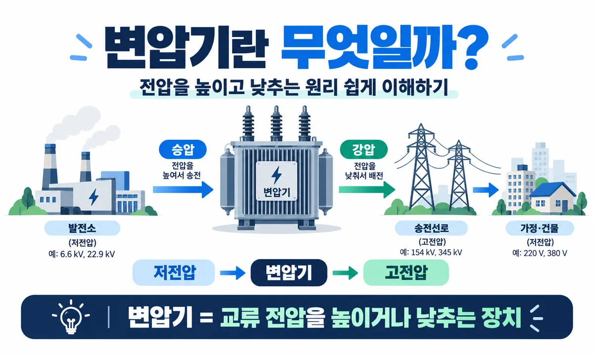 발전소에서 변압기를 이용해 전압을 높여 송전하고 수용가에서 다시 낮추는 전력계통 인포그래픽