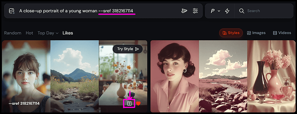 미드저니 Style Explorer, 스타일 코드를 프롬프트에 자동으로 추가하는 'T' 버튼 이미지_Midjourney
