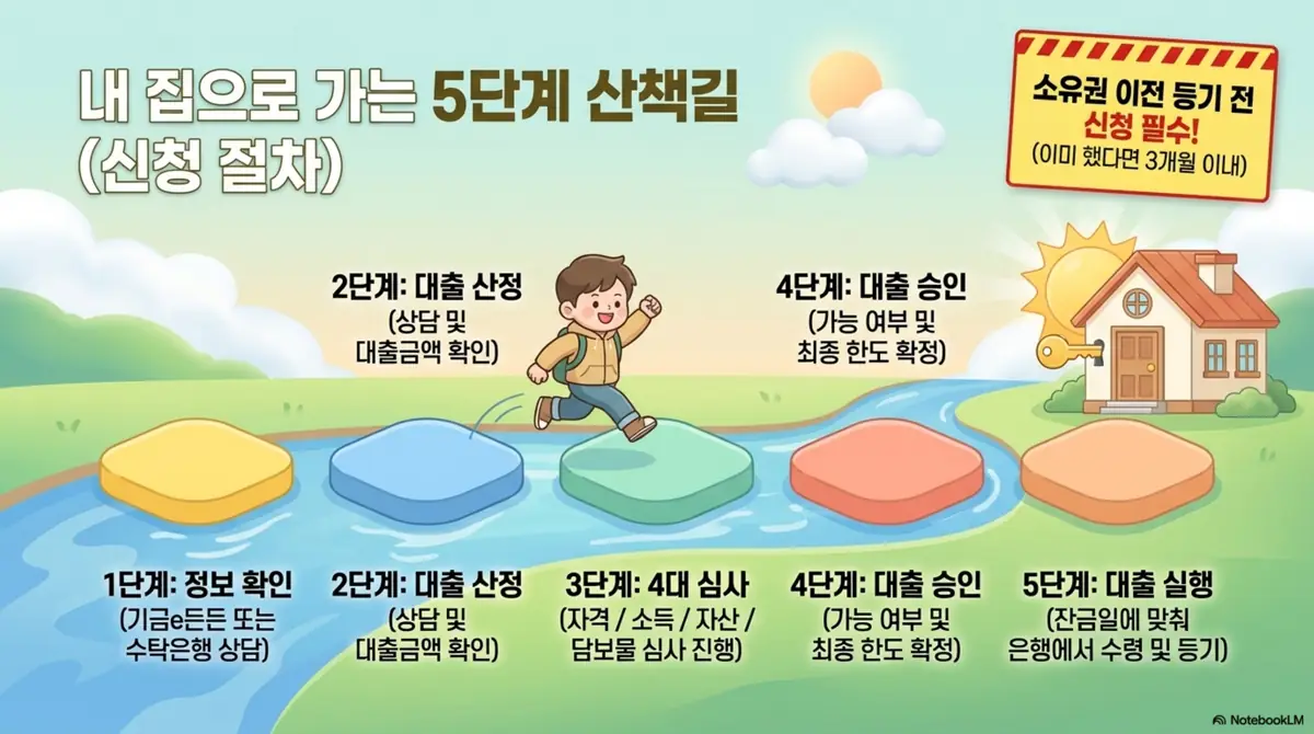 디딤돌대출 조건: 디딤돌대출 신청 절차 5단계를 징검다리 산책길로 표현한 이미지. 정보 확인부터 대출 산정, 4대 심사, 승인, 실행까지 흐름과 소유권 이전 등기 전 신청 필수라는 점을 설명함