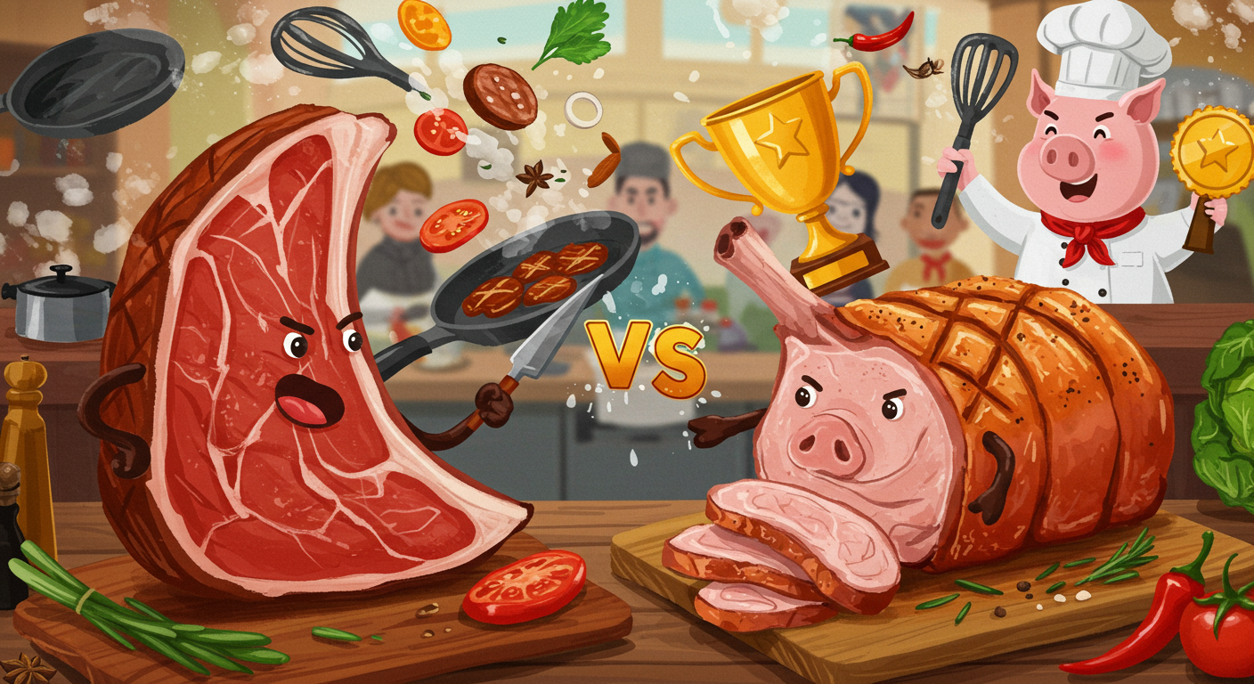 소고기와 돼지고기가 맛대결 하는 장면