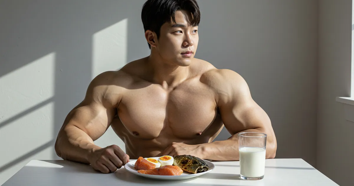 보디빌더가 연어 계란 고등어 우유로 구성된 고단백 식단 앞에 앉아 있는 사진