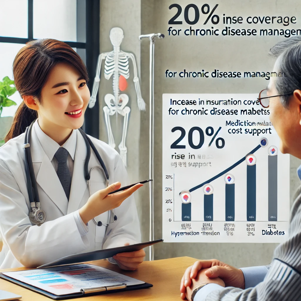 클리닉에서 만성질환 관리를 위한 건강보험 확대 내용을 설명하는 의료 제공자와 환자&amp;#44; 고혈압 및 당뇨병 약제 비용 지원 증가를 강조한 한국어 차트 포함