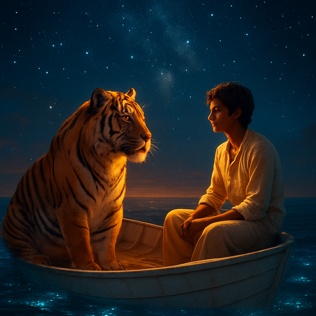 주인공과 호랑이가 배 위에서 서로 정신적으로 교감하고 있다.