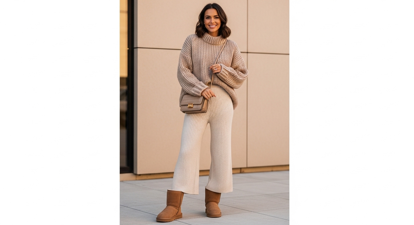 베이지색 어그 부츠와 크림색 니트 와이드 팬츠, 오버사이즈 니트 스웨터를 입고 톤온톤 스타일링을 선보이는 여성의 전신 모습.