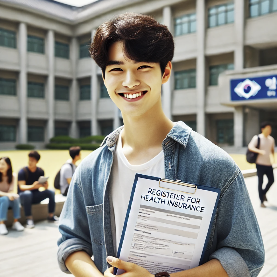 유학생이 서류를 들고 건강보험 등록 후 캠퍼스에서 미소 짓는 모습
