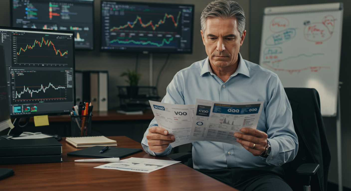 투자 성향을 고민 중인 투자자가 ETF 선택을 비교하는 장면