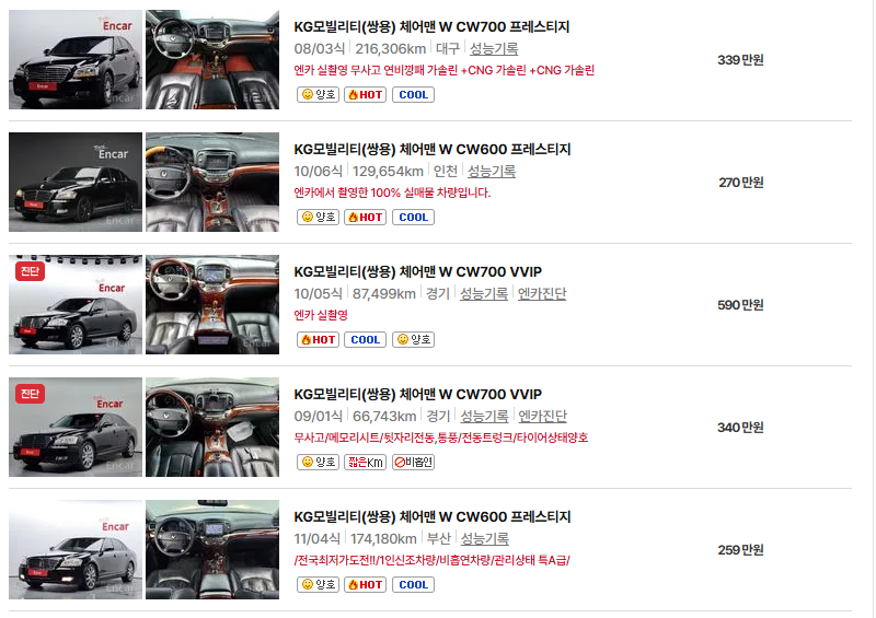 쌍용 체어맨 중고차 가격 시세표 유지비