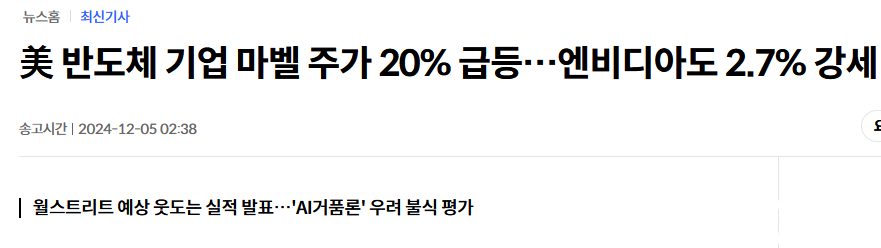 美 반도체 기업 마벨 주가 20% 급등&hellip;엔비디아도 2.7% 강세