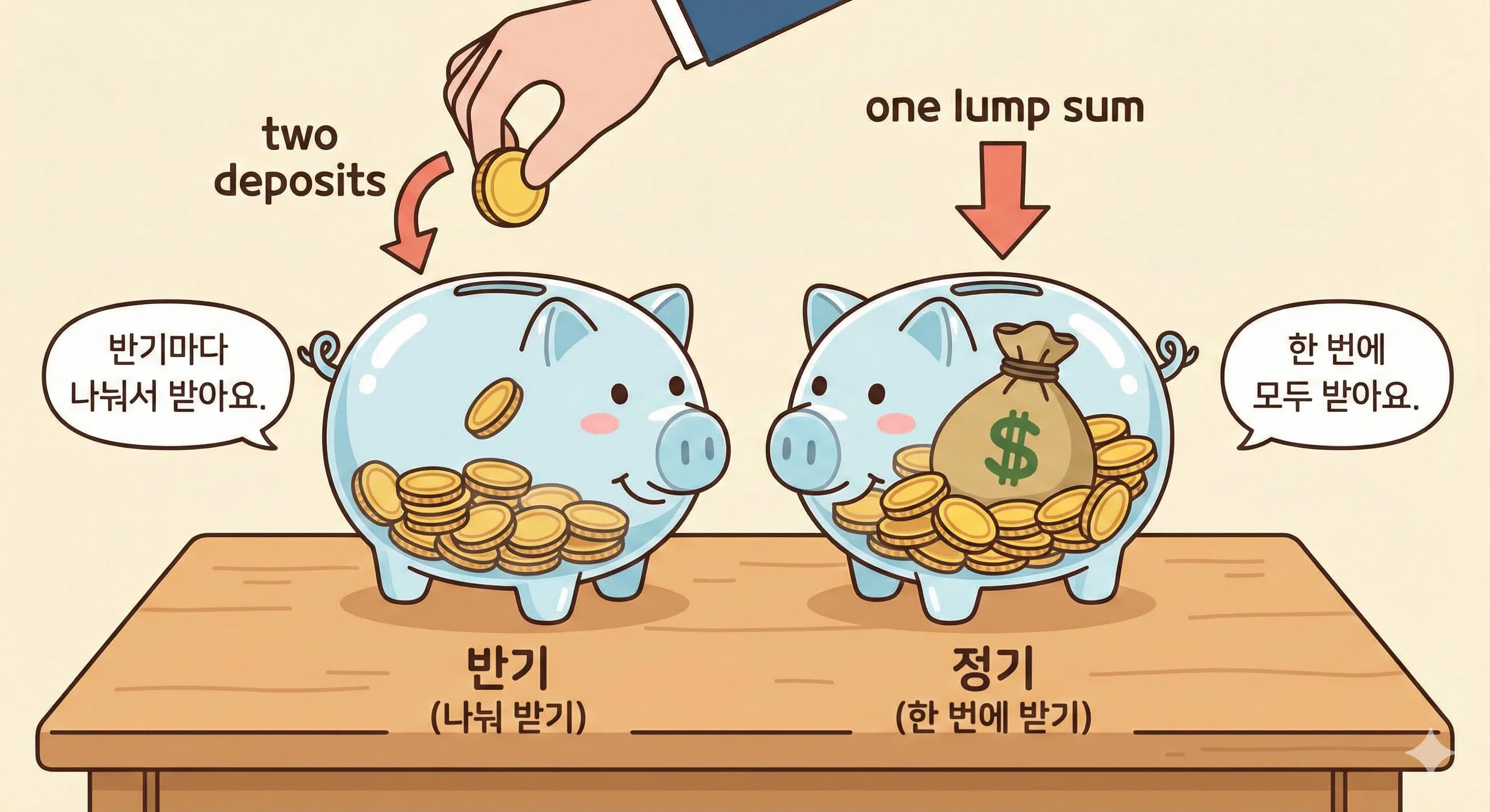 근로장려금 반기 정기 금액 차이 및 지급 방식 비교표, 두 번 나눠 받는 반기 저금통과 한 번에 받는 정기 저금통