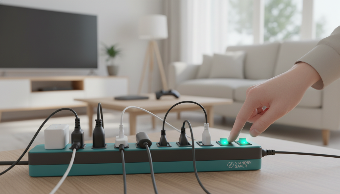 대기전력을 줄이기 위해 개별 스위치가 있는 멀티탭의 스위치를 누르는 손.