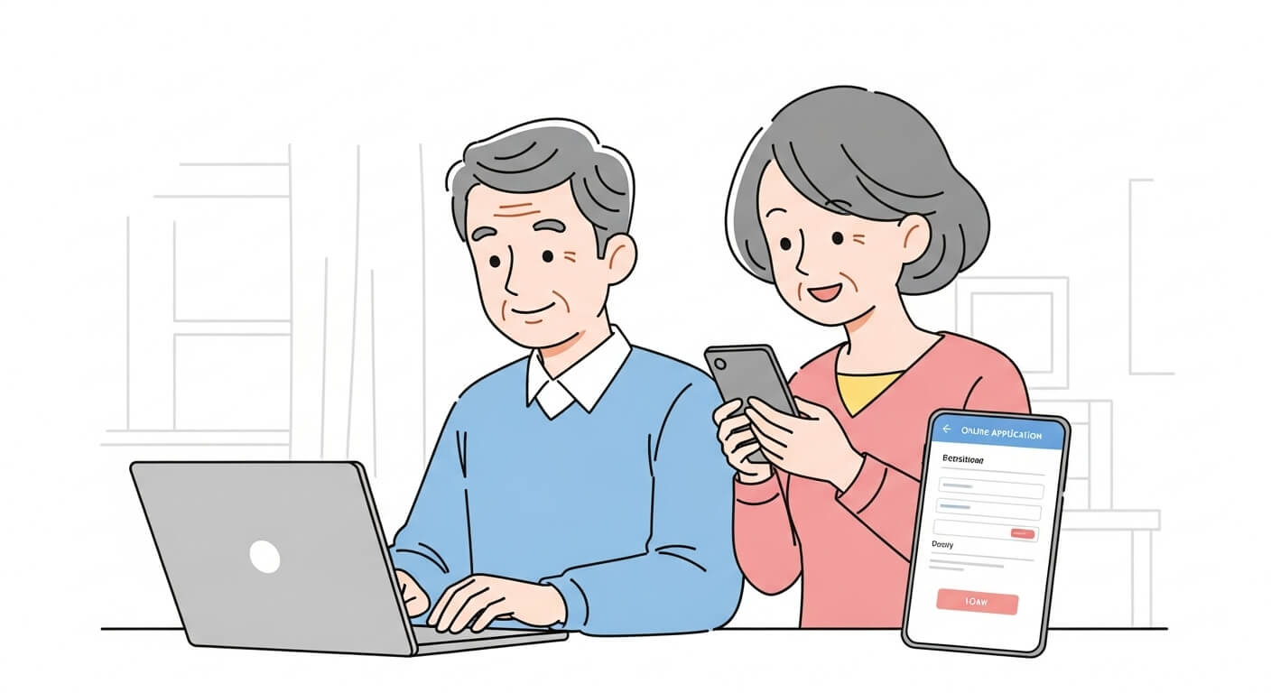 기초연금을 신청하는 노부부가 집에서 노트북과 스마트폰을 이용해 온라인으로 신청하는 장면 1