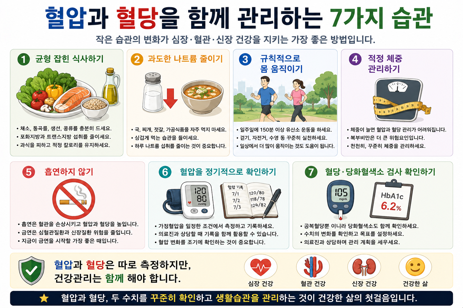 혈압과 혈당 관리를 위한 식사·활동·복약 습관을 설명하는 개념 그림