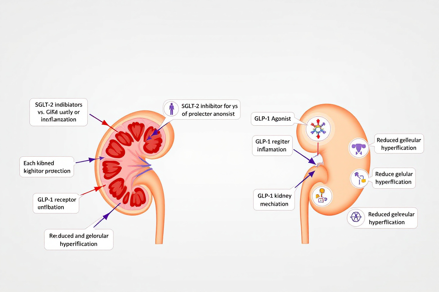 "SGLT-2 억제제와 GLP-1 작용제의 신장 보호 작용을 비교한 도식"