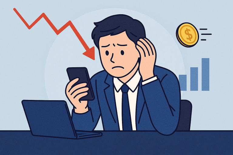 주식 초보자인 젊은 남성 직장인이 주가 하락 그래프를 보며 불안한 표정으로 스마트폰을 바라보는 장면을 묘사한 평면 스타일 일러스트. 어두운 배경과 대비되는 파란 주가 차트가 중심에 배치되어 긴장감과 투자 초심자의 감정 기복을 시각적으로 표현함.