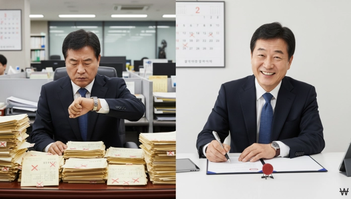 유효기간이 지난 서류에 좌절하는 모습과 신속하게 새로운 서류에 서명하는 한국인 남성의 비교 이미지.