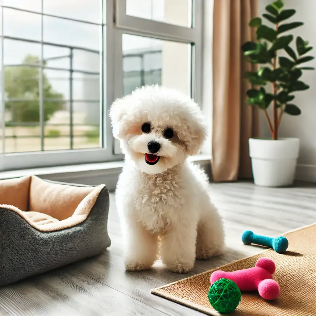 밝고 깨끗한 아파트에서 행복하게 앉아 있는 비숑 프리제 강아지