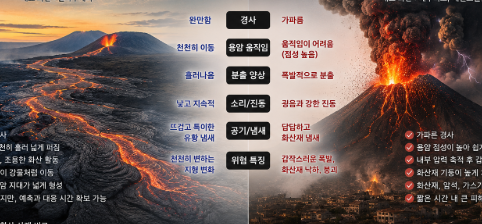 천천히 흐르는 붉은 용암과 거대한 폭발 화산을 대비한 모습