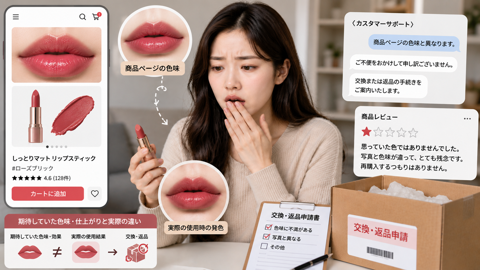 実際の結果と期待値の差が、交換・返品や低評価レビューにつながる様子