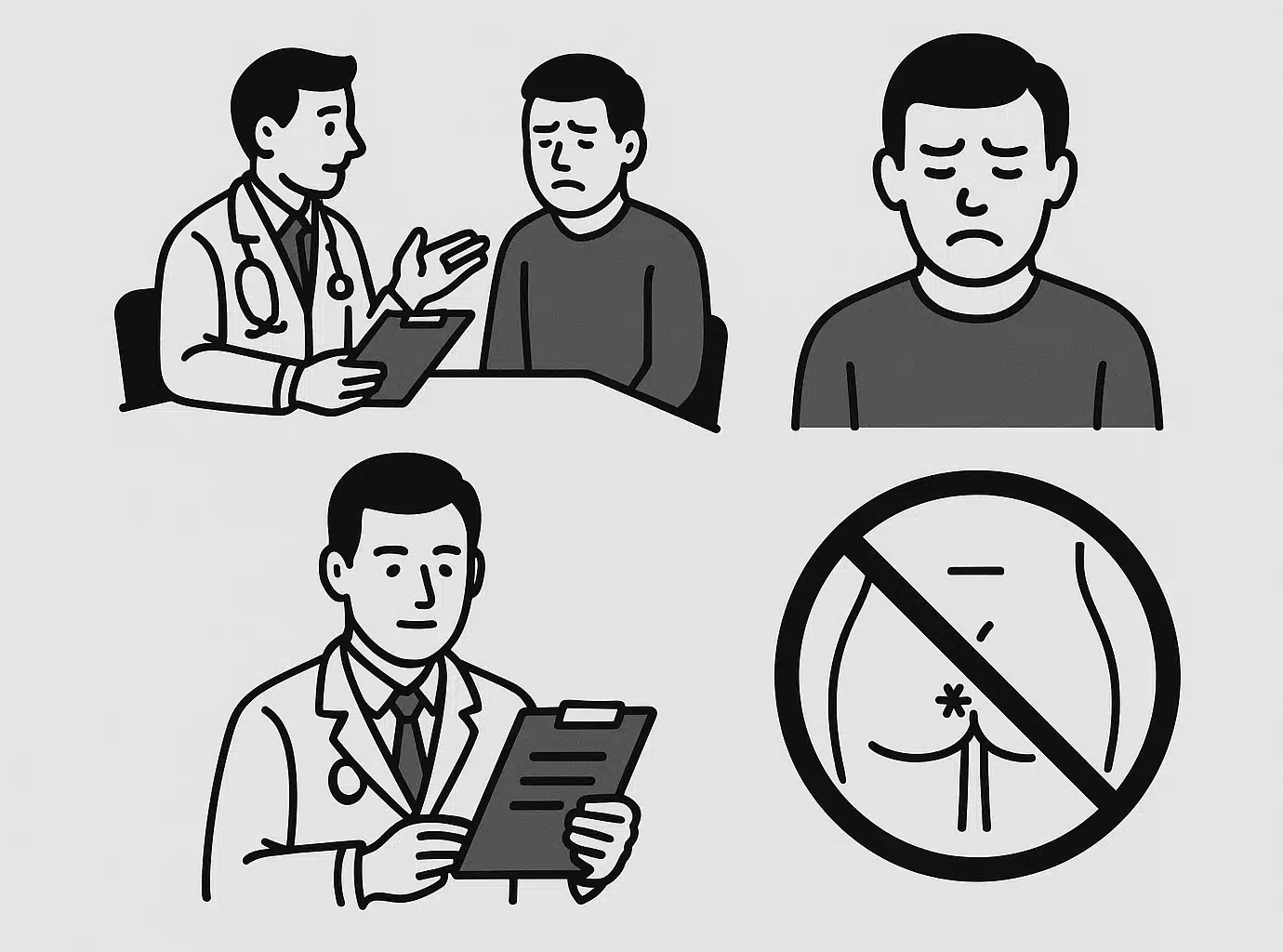 의사가 환자와 대화하며 문진하는 장면, 환자가 불편한 표정으로 상담, 의사가 차트를 보는 모습, 항문 외부를 육안으로 검사하는 장면을 상징 아이콘