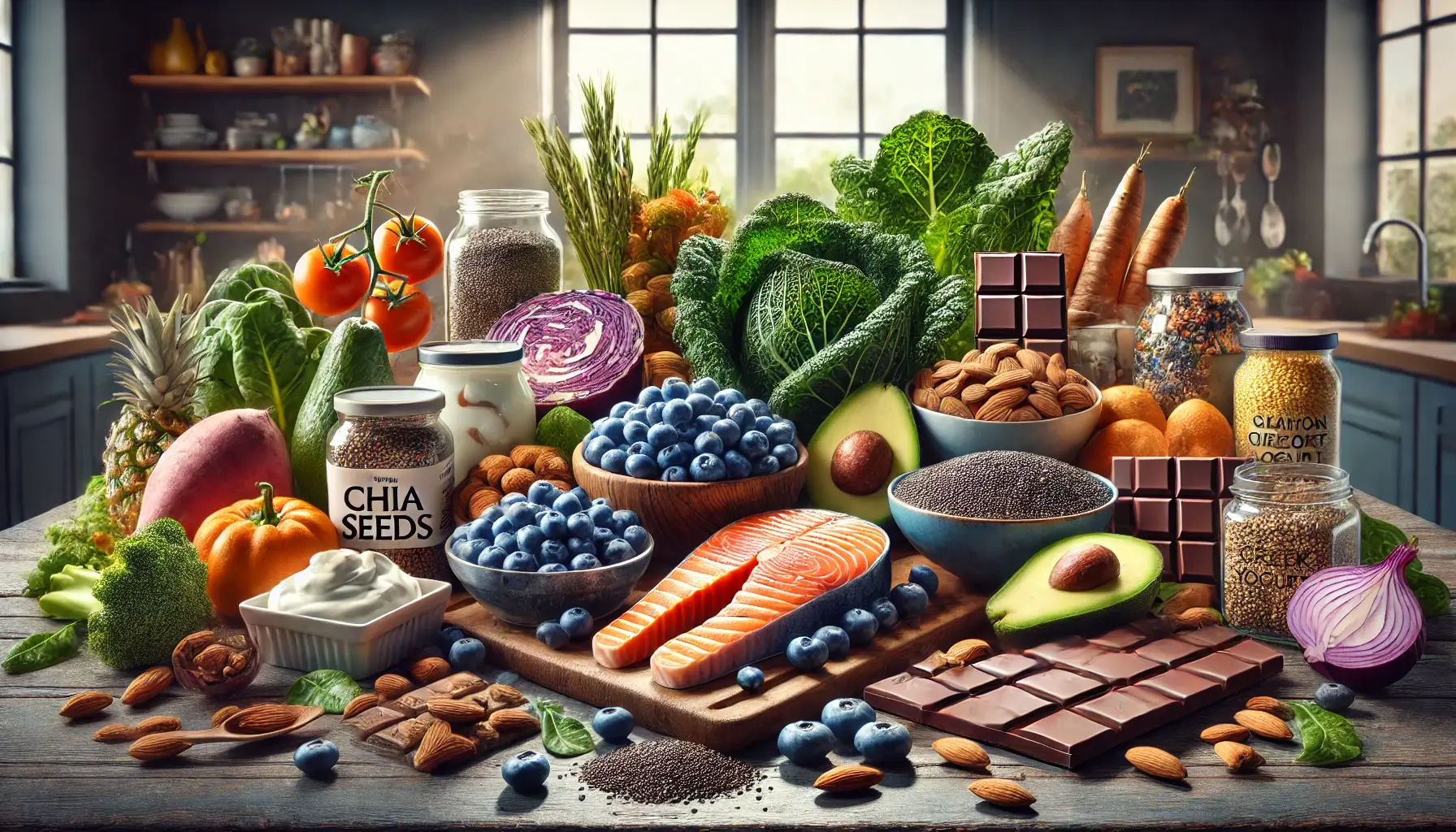 블루베리, 케일, 치아씨드, 퀴노아, 연어, 아보카도, 아몬드, 그릭 요거트, 고구마, 다크 초콜릿