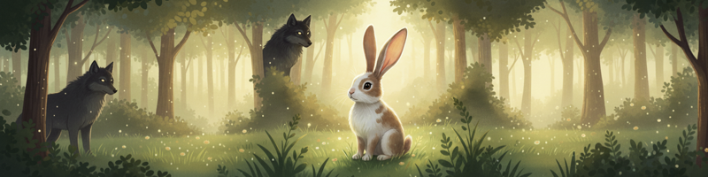 스본스도에서 사용하는 예민한 감각을 상징하는 긴 토끼 귀 이야기를 상징하는 그림으로 늑대가 어둠 속에서 노려보는 가운데 토끼가 긴 귀를 쫑긋 세우고 있다